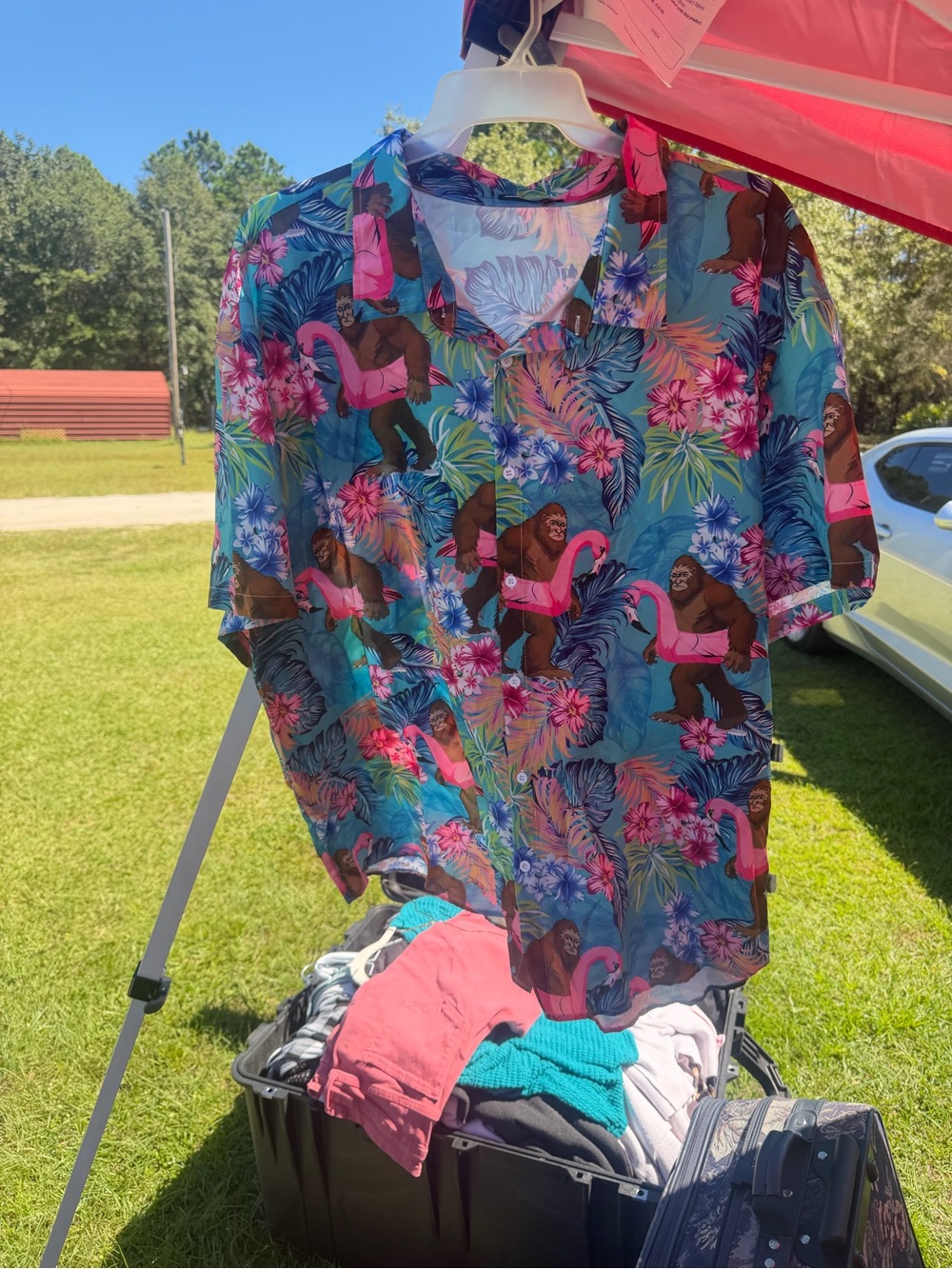 6x men’s Tropical Flamingo & Gorilla Print Button-Up Shirt - Blue/Pink